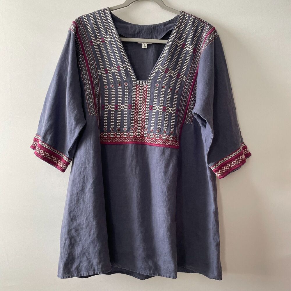 CAbi 996 Women’s Large 100% Linen Embroidered Tunic Top Blue Burgundy V-Neck